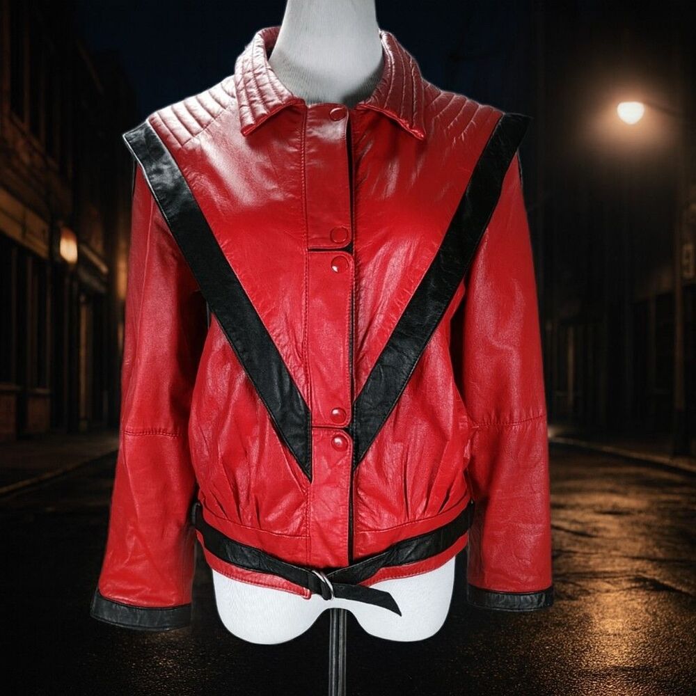 Vintage 80s Red Leather Thriller Style Jacket S Retro Pop Icon Era VTG